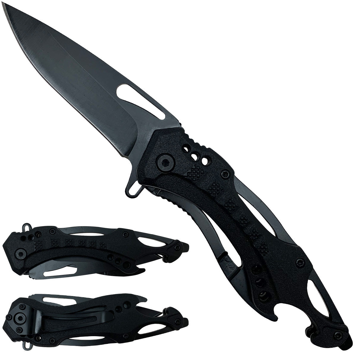 Spring Assisted Pocket Knife - Bottle Opener Handle with sleek black design and sharp blade