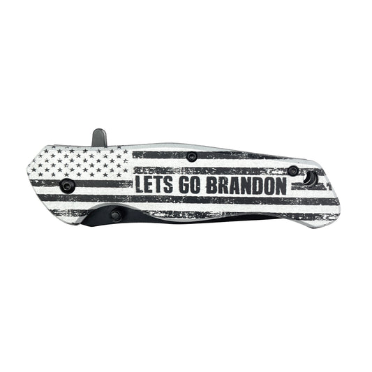 Guild Arms spring assisted pocket knife with black and white American flag and Let's Go Brandon text
