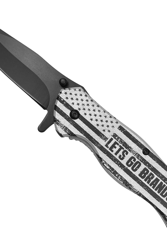 Guild Arms spring assisted pocket knife featuring a black blade and patriotic Let's Go Brandon design