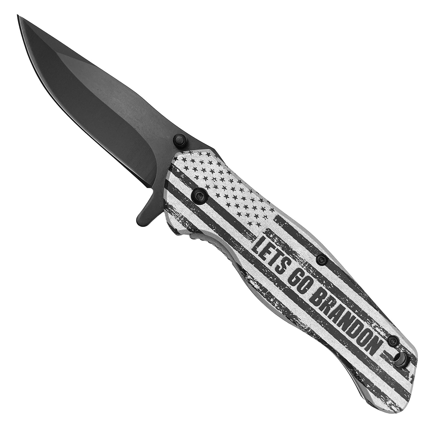 Guild Arms spring assisted pocket knife featuring a black blade and patriotic Let's Go Brandon design