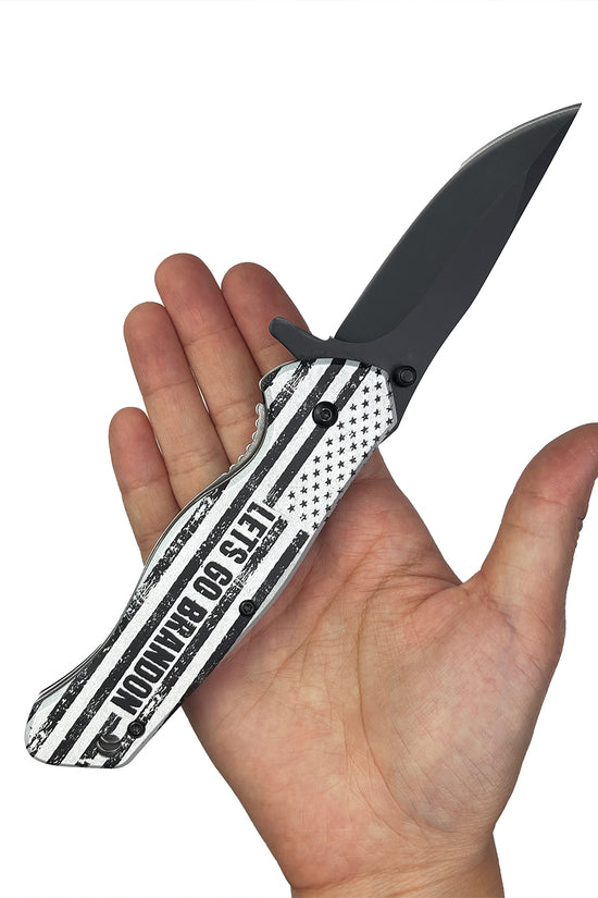 Guild Arms spring assisted pocket knife Let's Go Brandon with a sleek black blade and striking handle design
