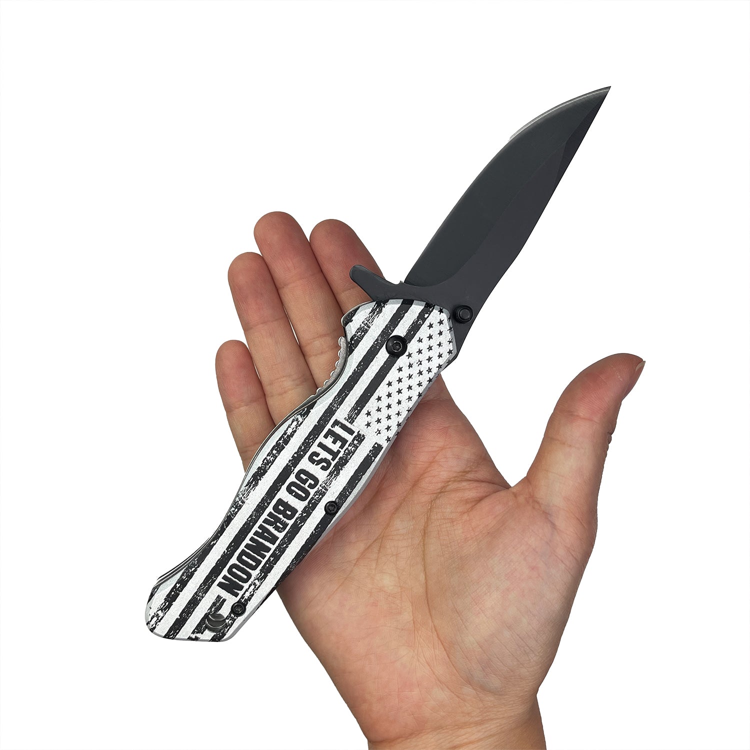 Guild Arms spring assisted pocket knife Let's Go Brandon with a sleek black blade and striking handle design