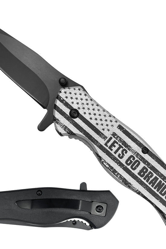 Guild Arms Spring Assisted Pocket Knife Let's Go Brandon with a sleek black blade and patriotic handle design