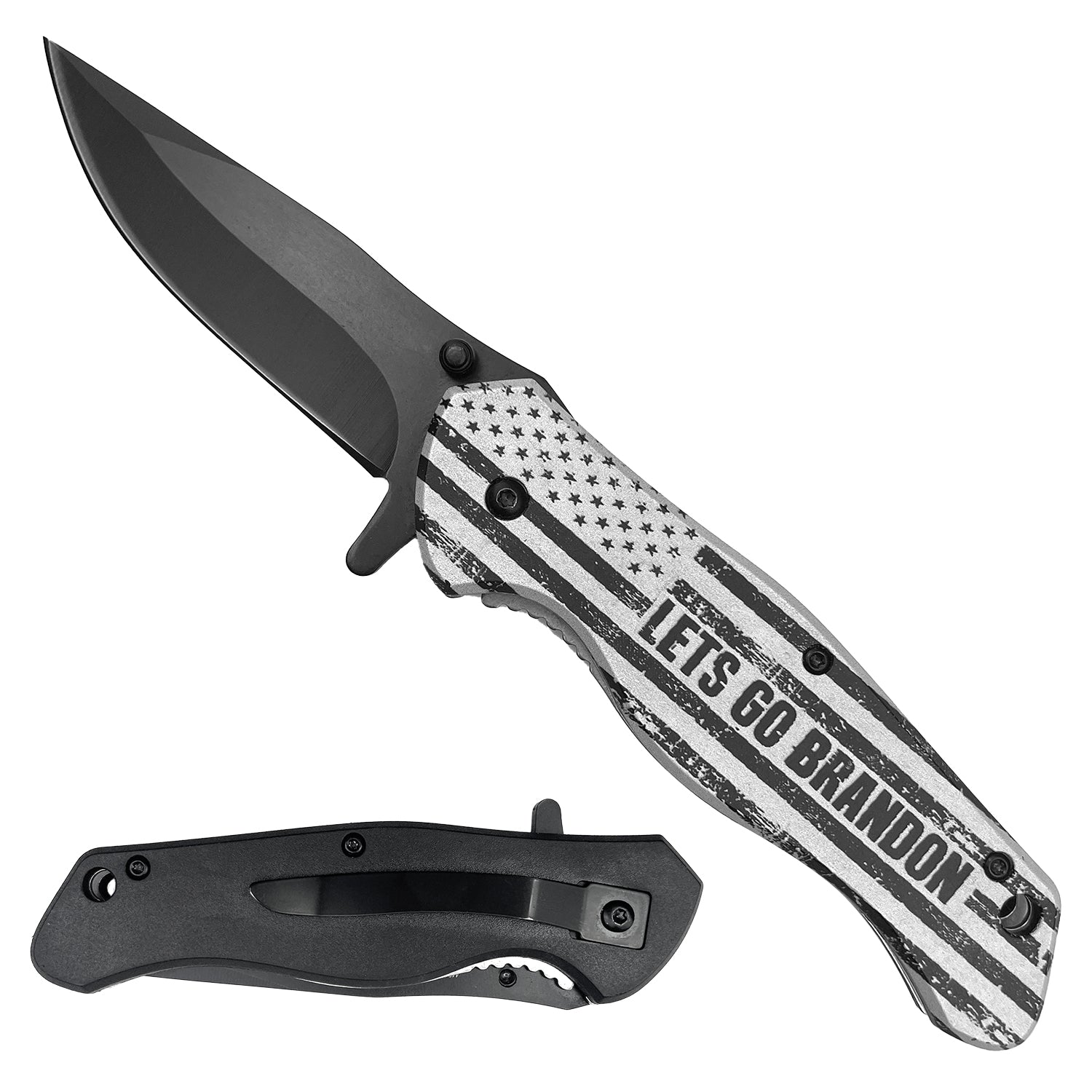Guild Arms Spring Assisted Pocket Knife Let's Go Brandon with a sleek black blade and patriotic handle design
