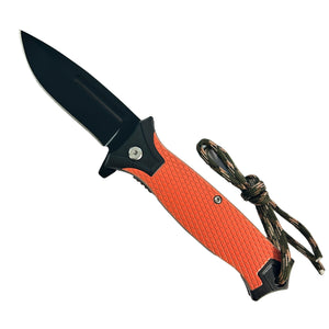 Pacific Solution Spring Assisted Pocket Knife Orange Grip with Black Blade and Paracord Lanyard