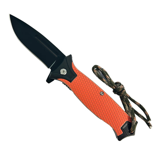 Pacific Solution Spring Assisted Pocket Knife Orange Grip with Black Blade and Paracord Lanyard