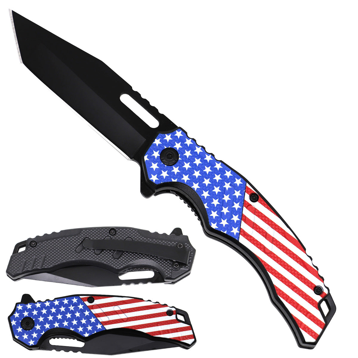 Spring Assisted Pocket Knife - USA Flag Textured Handle with black blade for outdoor enthusiasts