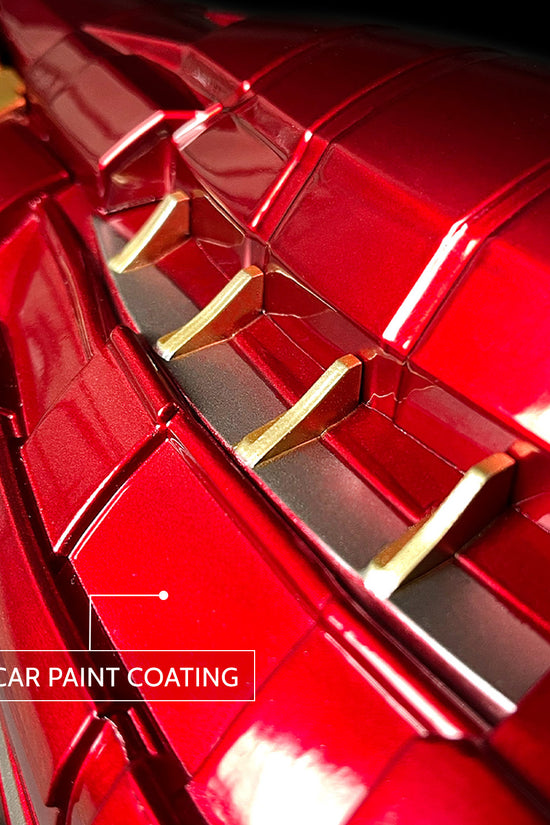 Guild Arms superhero Fantasy costume gloves featuring a shiny red car paint coating and intricate design