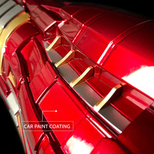 Guild Arms superhero Fantasy costume gloves featuring a shiny red car paint coating and intricate design