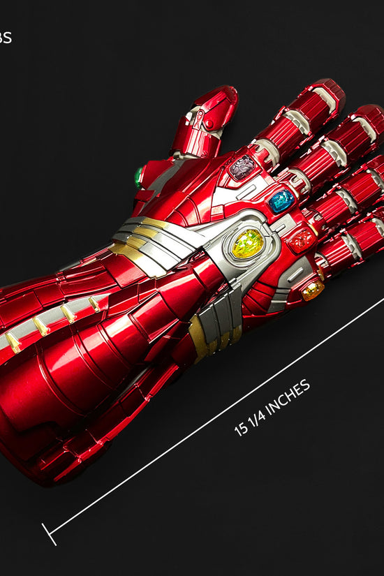 Guild Arms superhero Fantasy costume gloves in red with intricate details and gem accents, measuring 15 1/4 inches