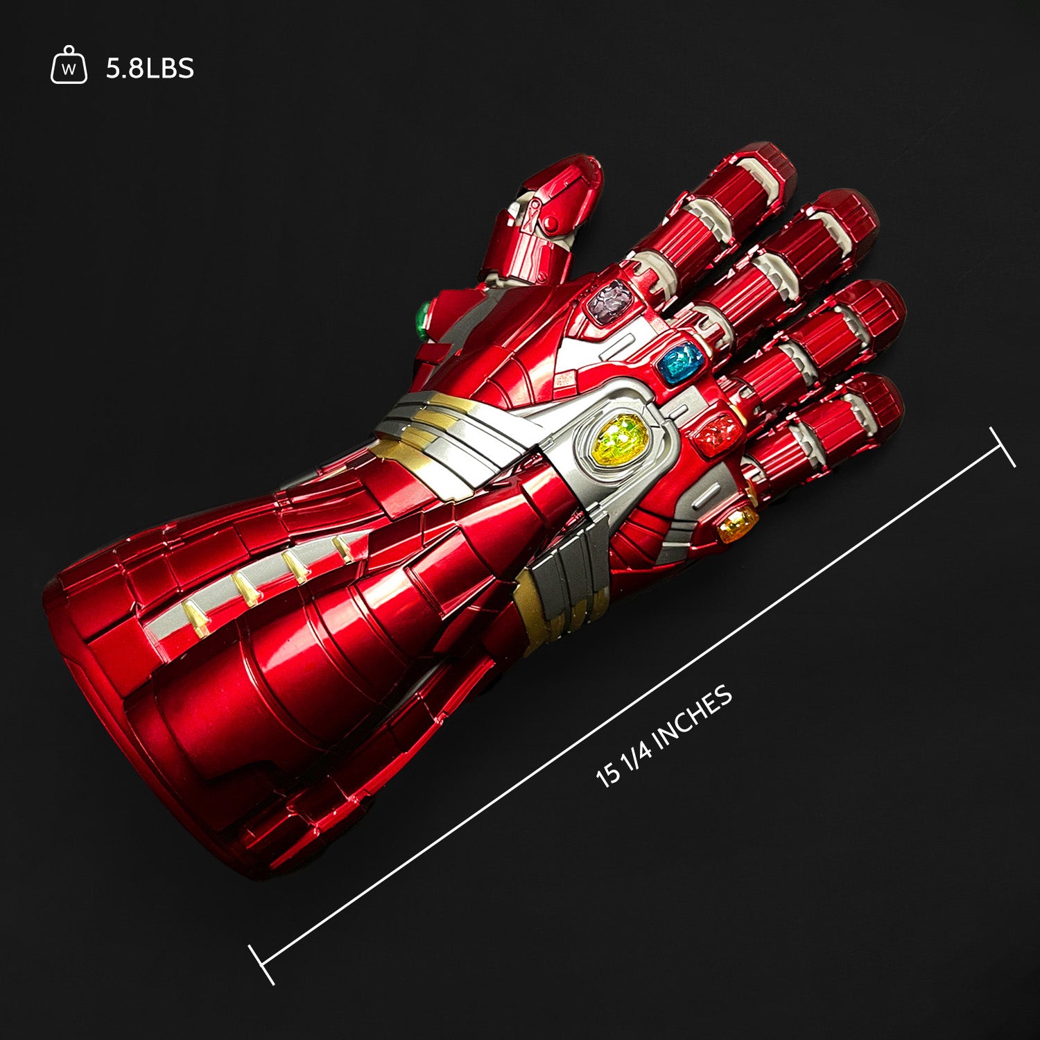 Guild Arms superhero Fantasy costume gloves in red with intricate details and gem accents, measuring 15 1/4 inches