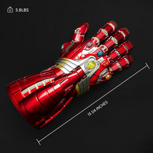 Guild Arms superhero Fantasy costume gloves in red with intricate details and gem accents, measuring 15 1/4 inches