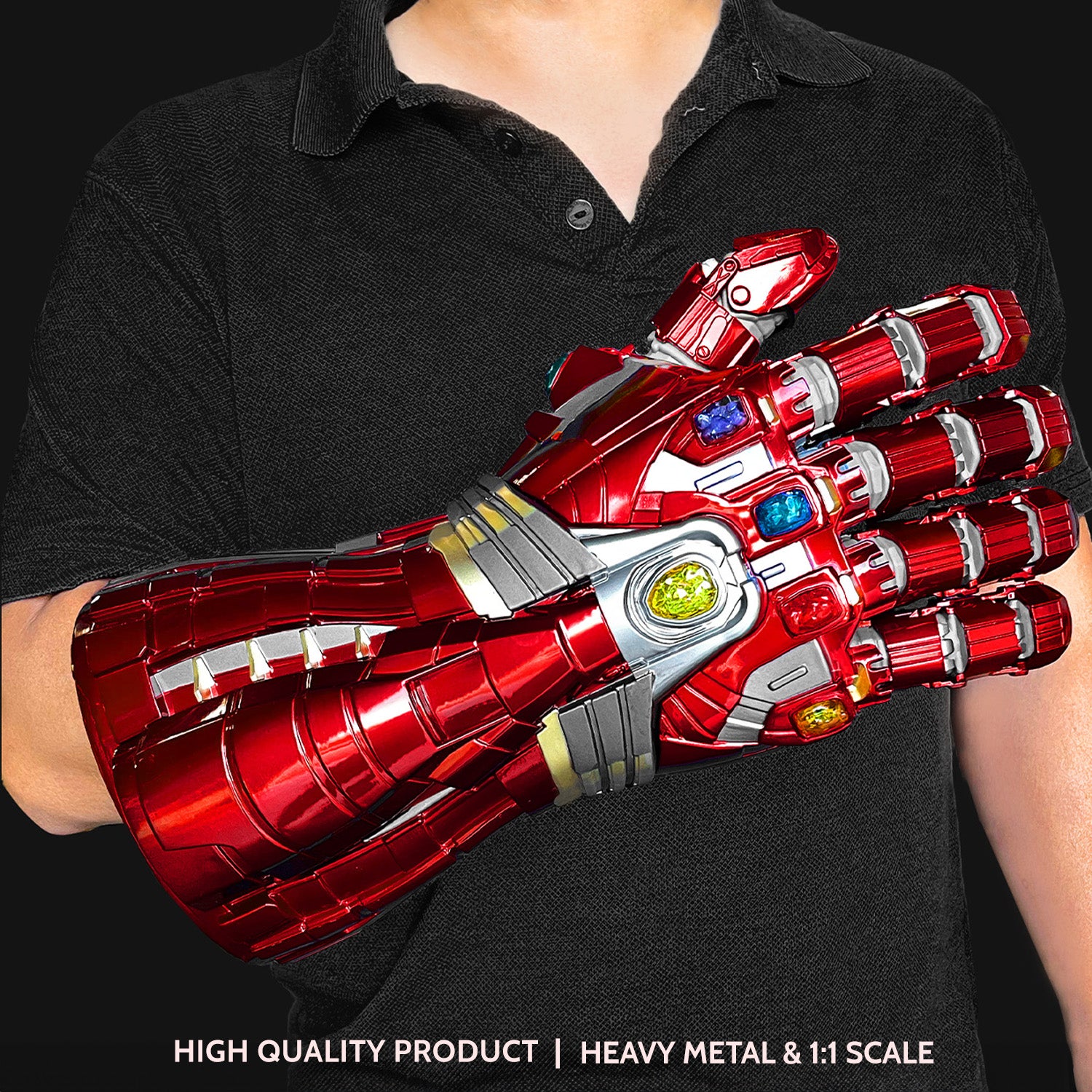 Guild Arms red superhero Fantasy costume gloves with metallic finish and detailed design for powerful looks