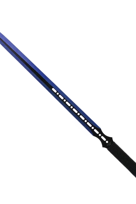 Tactical blue machete set with throwing knives featuring a sharp blue blade and black grip handle