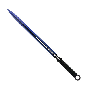 Tactical blue machete set with throwing knives featuring a sharp blue blade and black grip handle