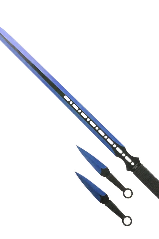 Tactical Master tactical blue machete set with throwing knives featuring sharp blue blades and black handles