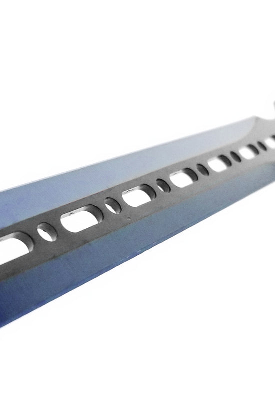 Tactical blue machete set with throwing knives featuring a blue blade with cut-out holes and black handle