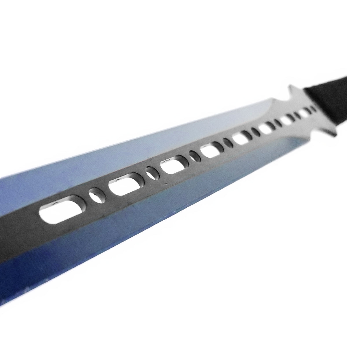 Tactical blue machete set with throwing knives featuring a blue blade with cut-out holes and black handle