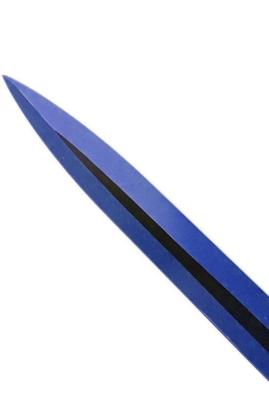 Close-up of tactical blue machete set with throwing knives blue blade with black stripe
