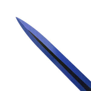 Close-up of tactical blue machete set with throwing knives blue blade with black stripe