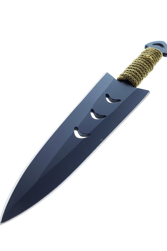 Target Master Falcon 6 PC throwing knives single black coated blade with three crescent cutouts and khaki cord wrap handle