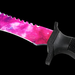 Guild Arms survival Hunting Knife Galaxy Purple Blade Tactical Knife showing serrated purple galaxy blade and black textured grip