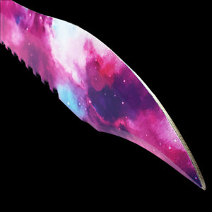 Guild Arms survival Hunting Knife Galaxy Purple Blade Tactical Knife close up serrated purple blade on black background