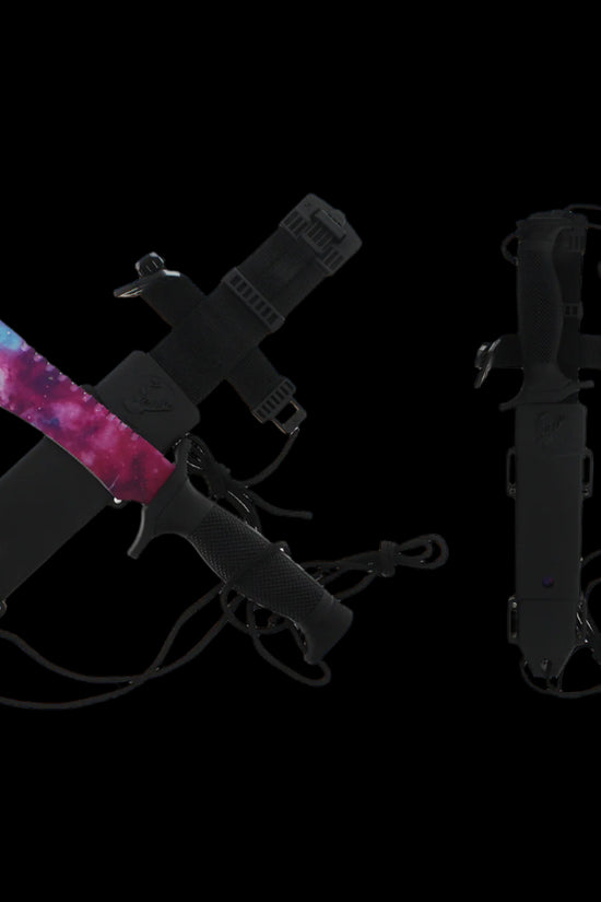 Guild Arms survival knife with black textured handle and sheath Hunting Knife Galaxy Purple Blade Tactical Knife outdoors