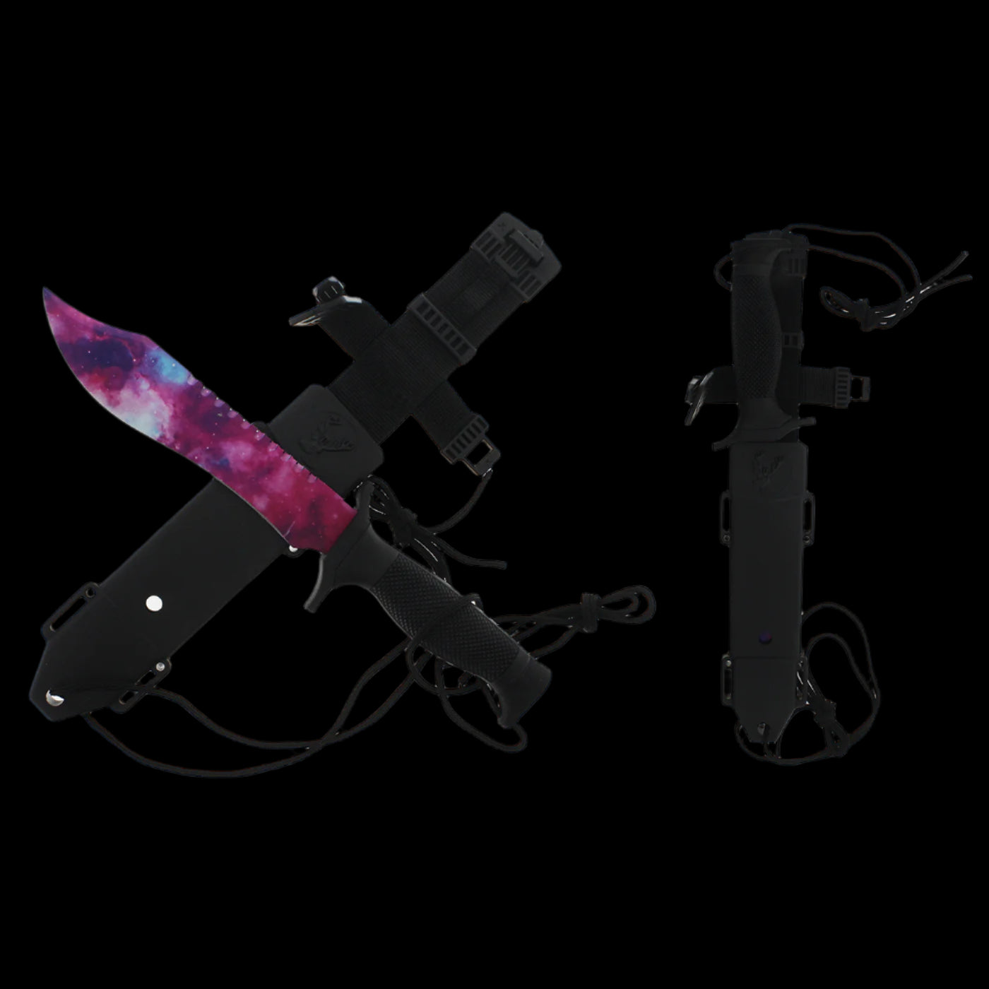 Guild Arms survival knife with black textured handle and sheath Hunting Knife Galaxy Purple Blade Tactical Knife outdoors