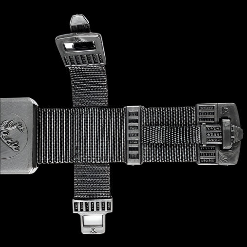 Guild Arms Hunting Knife Galaxy Purple Blade Tactical Knife with heavy duty nylon sheath straps and metal buckles close up