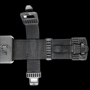 Guild Arms Hunting Knife Galaxy Purple Blade Tactical Knife with heavy duty nylon sheath straps and metal buckles close up