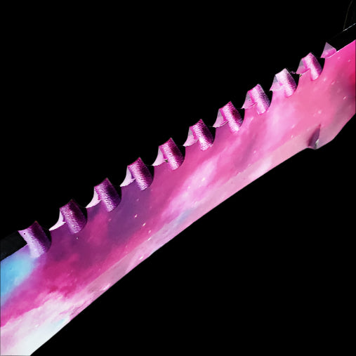 Guild Arms Hunting Knife Galaxy Purple Blade Tactical Knife close up serrated pink purple blade spine for survival use
