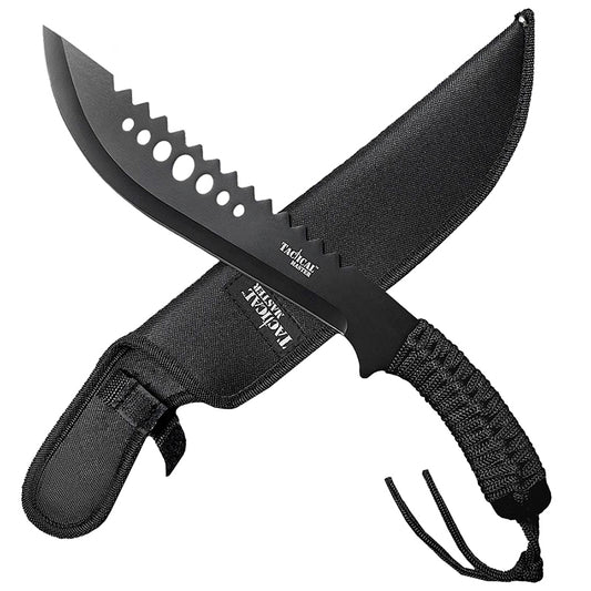 Black Tactical Master survival tactical machete for outdoors with serrated spine paracord handle and nylon sheath