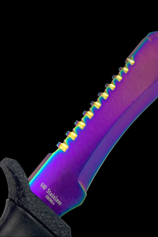 Guild Arms Tactical Knife With Rainbow Fixed Blade featuring a serrated edge and 440 stainless steel