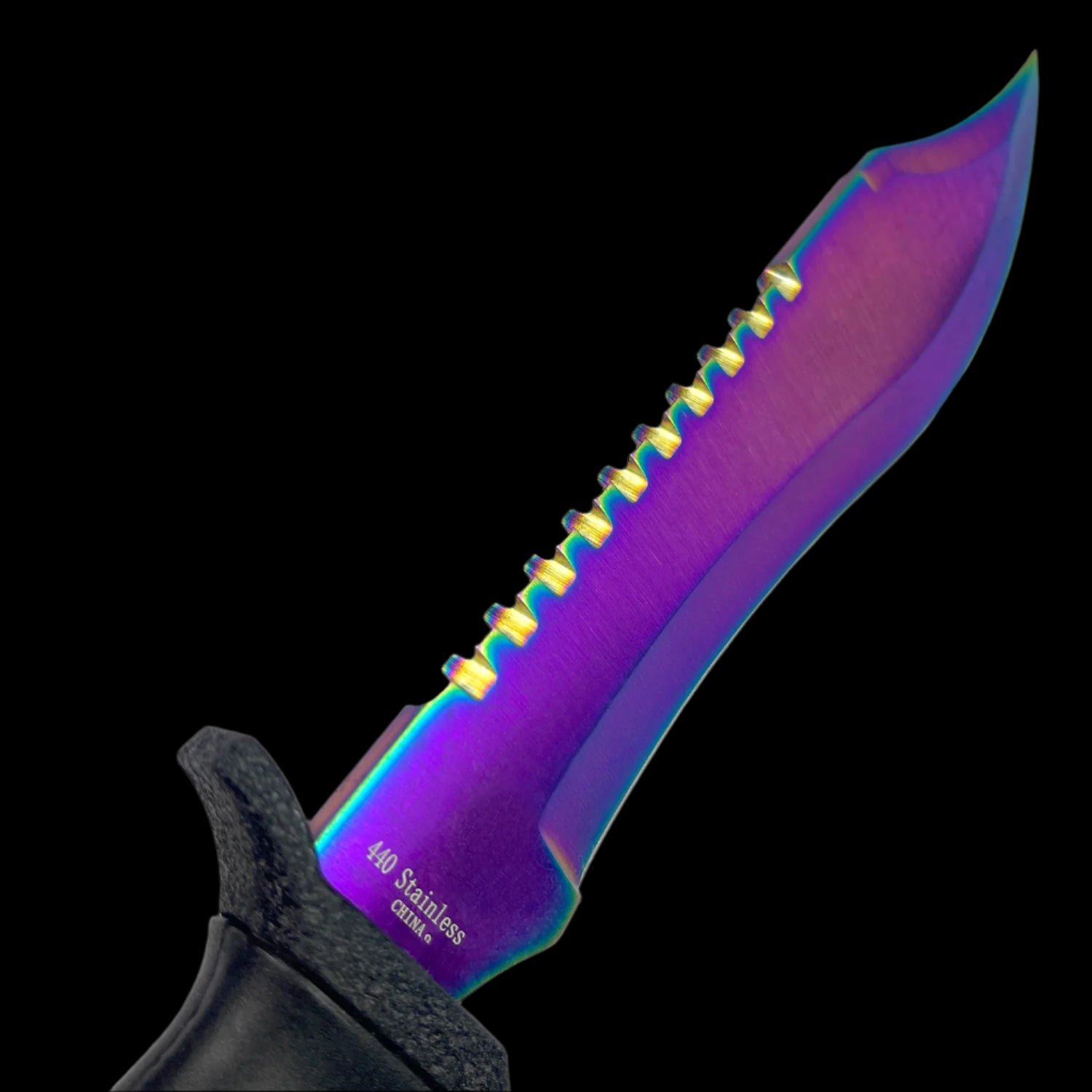 Guild Arms Tactical Knife With Rainbow Fixed Blade featuring a serrated edge and 440 stainless steel