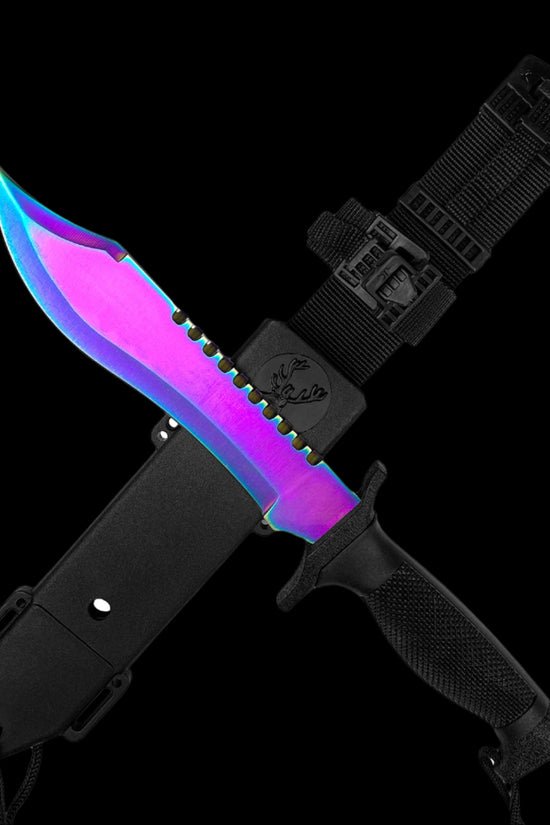 Guild Arms Tactical Knife With Rainbow Fixed Blade and durable black sheath for outdoor adventures