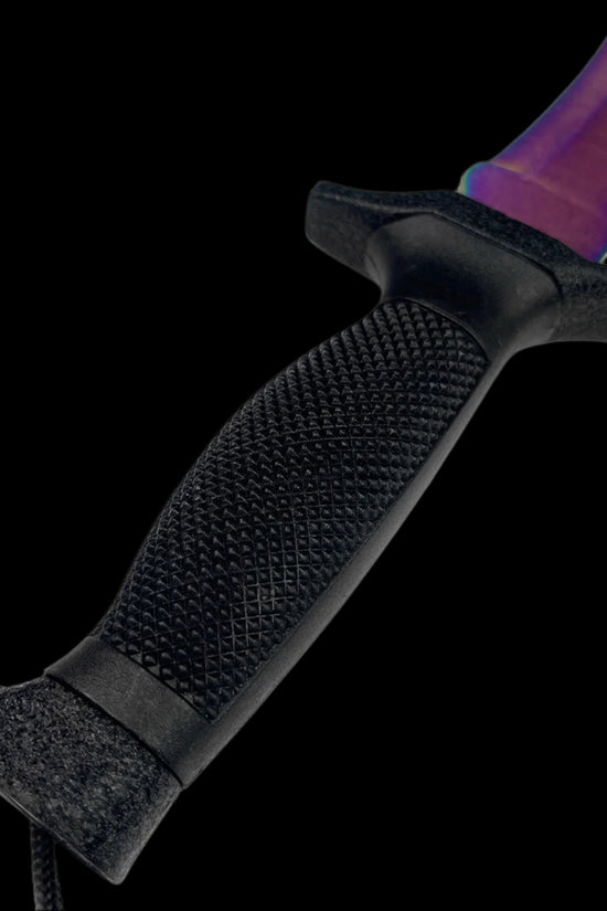 Guild Arms Tactical Knife With Rainbow Fixed Blade featuring a textured black handle and paracord lanyard