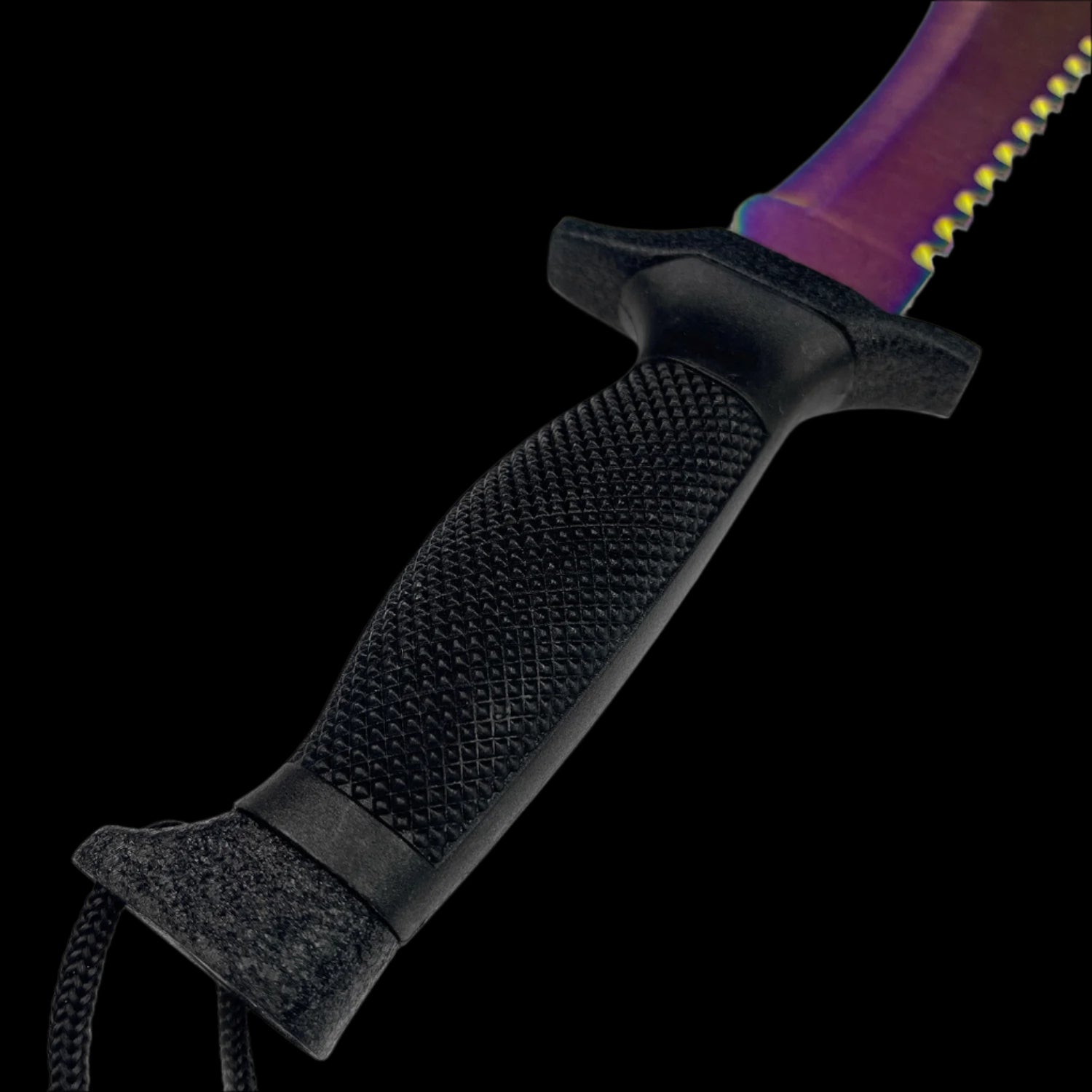 Guild Arms Tactical Knife With Rainbow Fixed Blade featuring a textured black handle and paracord lanyard