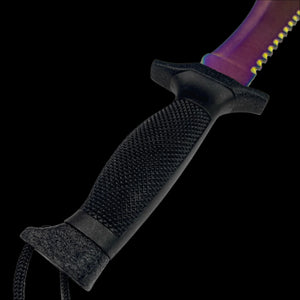 Guild Arms Tactical Knife With Rainbow Fixed Blade featuring a textured black handle and paracord lanyard