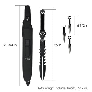 Tactical Master tactical machete and Throwing knife set with sheath, featuring sharp serrated blade design