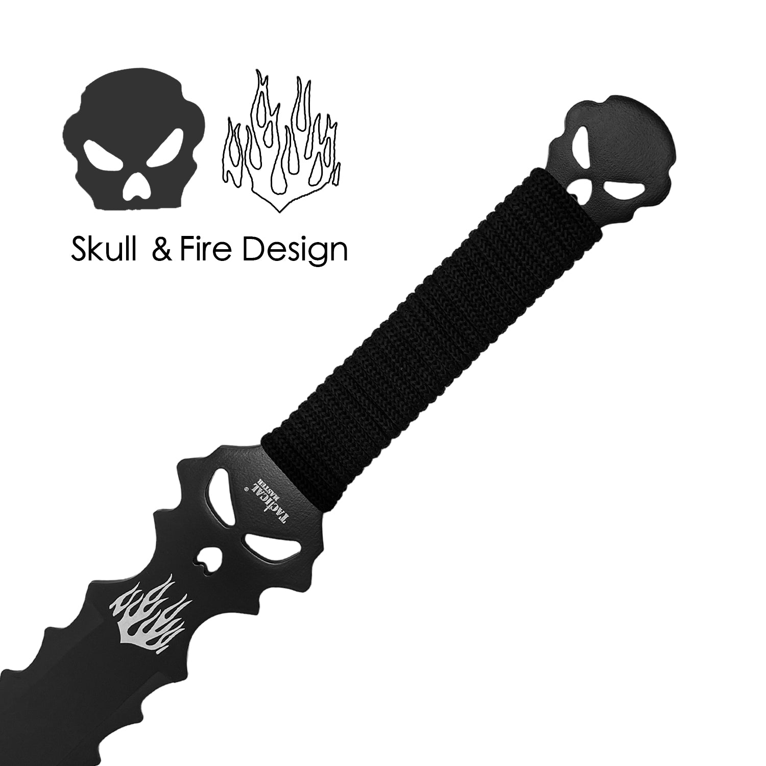 Tactical Master tactical machete and Throwing knife set with skull and fire design on the handle