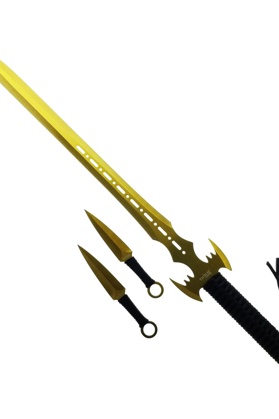 Tactical Machete and Throwing Knives Set Gold featuring sleek blade and ergonomic grip for outdoor use