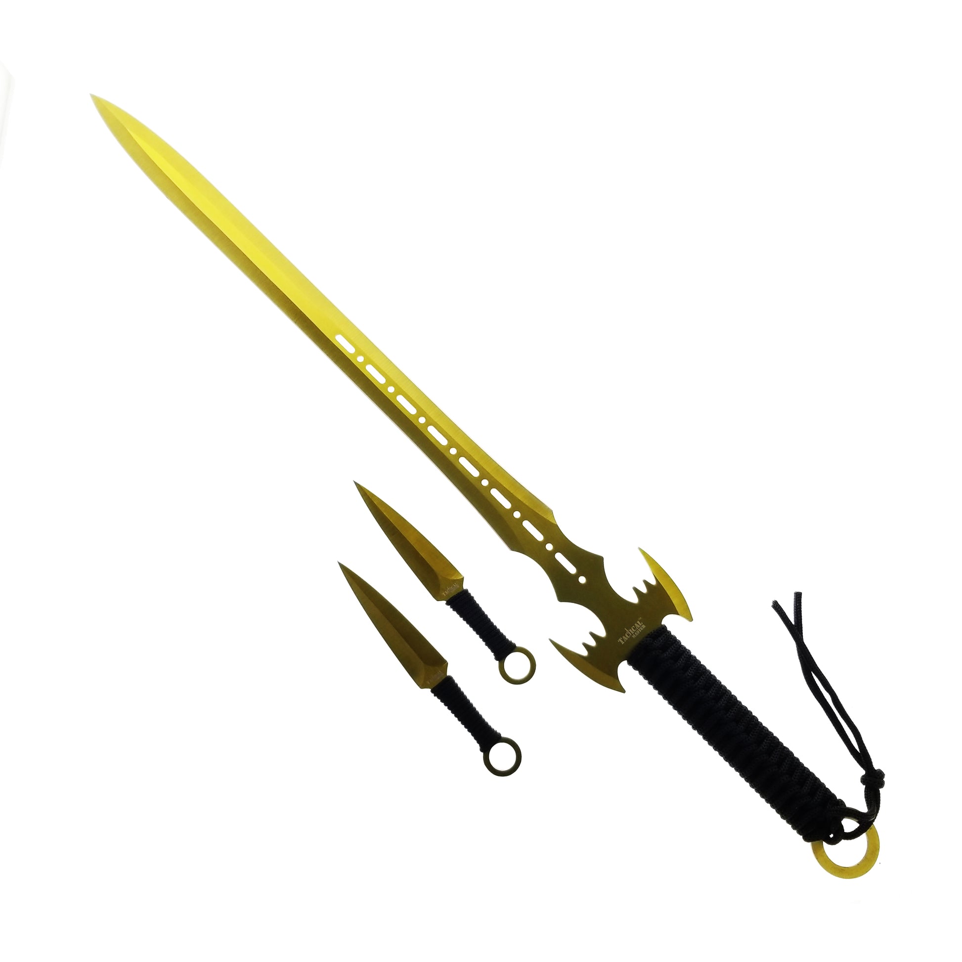Tactical Machete and Throwing Knives Set Gold featuring sleek blade and ergonomic grip for outdoor use