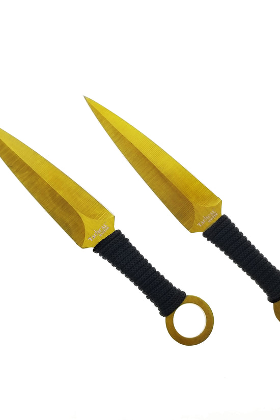 Tactical Machete and Throwing Knives Set Gold featuring sharp blades and durable handles for precision throwing