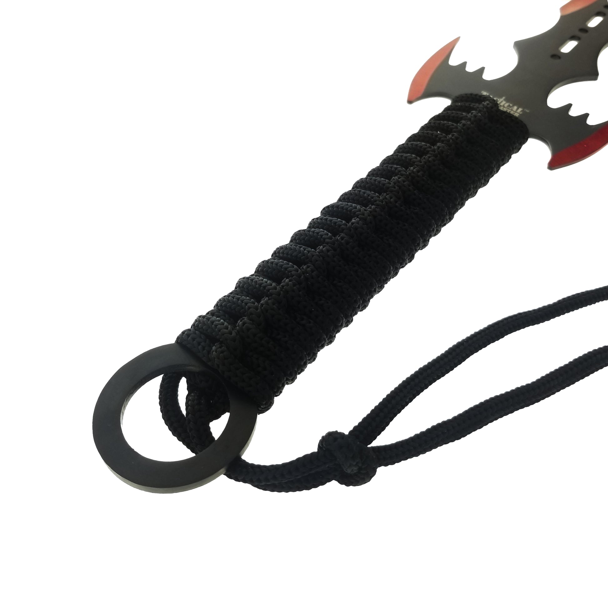 Tactical machete set with throwing knives featuring a black paracord wrapped handle and wrist lanyard