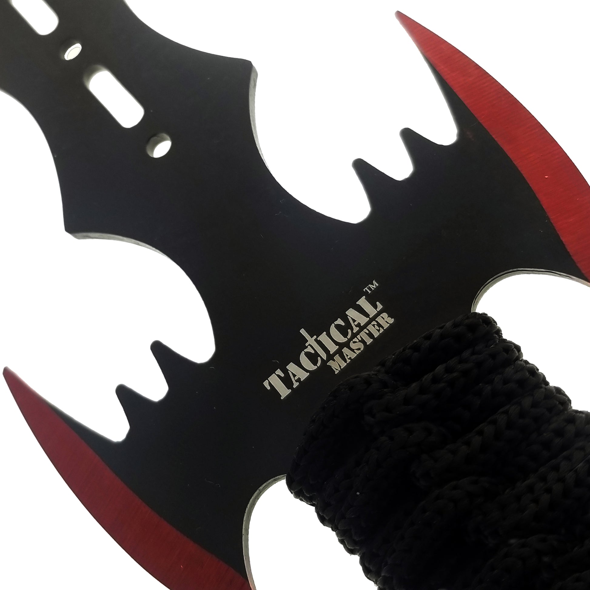 Tactical Master tactical machete set with throwing knives featuring black and red blades with wrapped handle