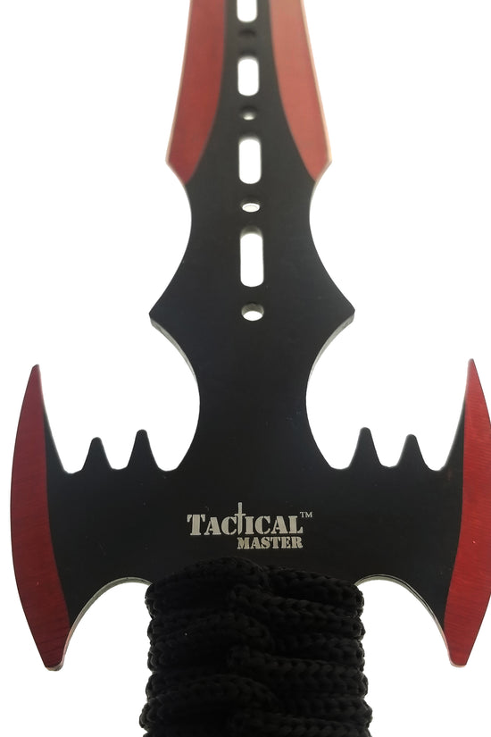 Tactical Master tactical machete set with throwing knives featuring black and red blade with rope wrapped handle