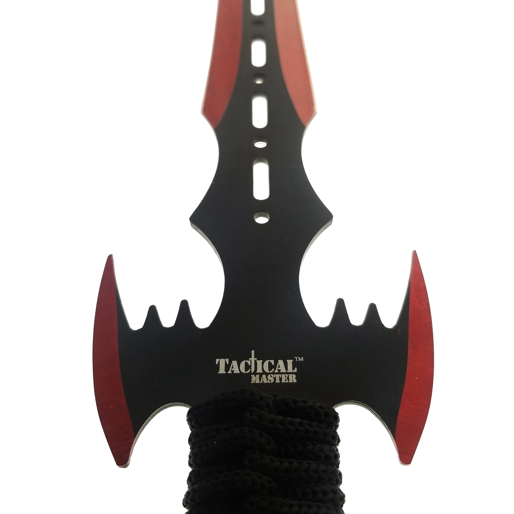 Tactical Master tactical machete set with throwing knives featuring black and red blade with rope wrapped handle