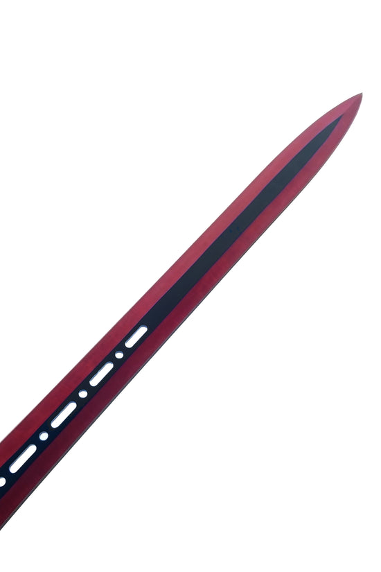 Tactical Master red and black tactical machete set with throwing knives blade close-up on white background
