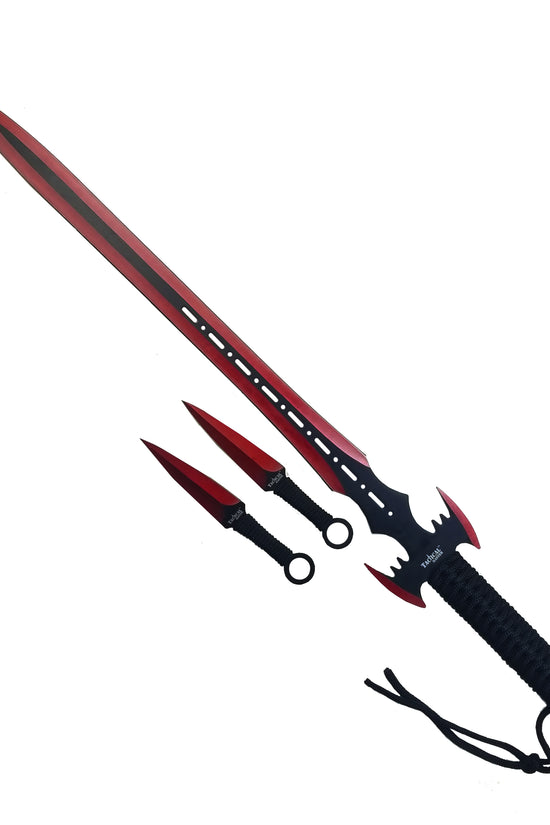 Tactical Master tactical machete set with throwing knives featuring red blades and black handles